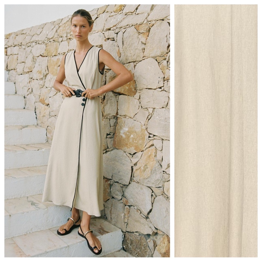 NWT. Zara Light Beige Linen/Viscose Blend Crossover V-Neck Midi Dress. Size XS.
